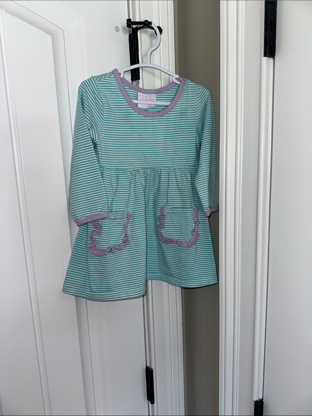 Striped Mint & Lavender Trim Long-Sleeve Girls Dress
